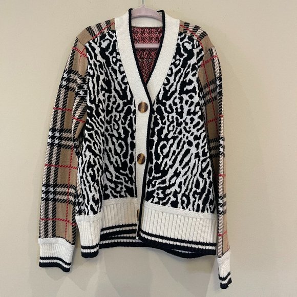 KIDS CHECK & LEOPARD MERINO WOOL JACQUARD CARDIGAN 7/8Y - Picture 5 of 10